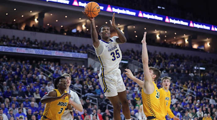 South Dakota State forward Douglas Wilson (35) shoots a layup during the second half against North Dakota State in NCAA college basketball game for the Summit League men’s tournament championship Tuesday, March 8, 2022, in Sioux Falls, S.D.